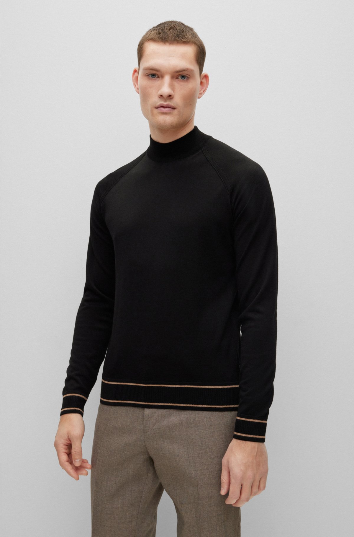 Fine-knit wool-blend sweater with striped hem, Black