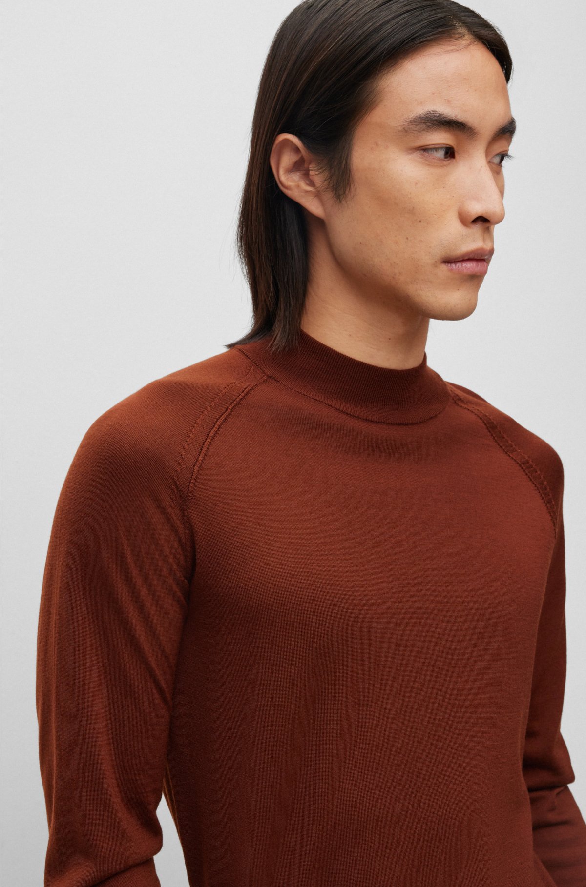 Fine-knit wool-blend sweater with striped hem, Brown