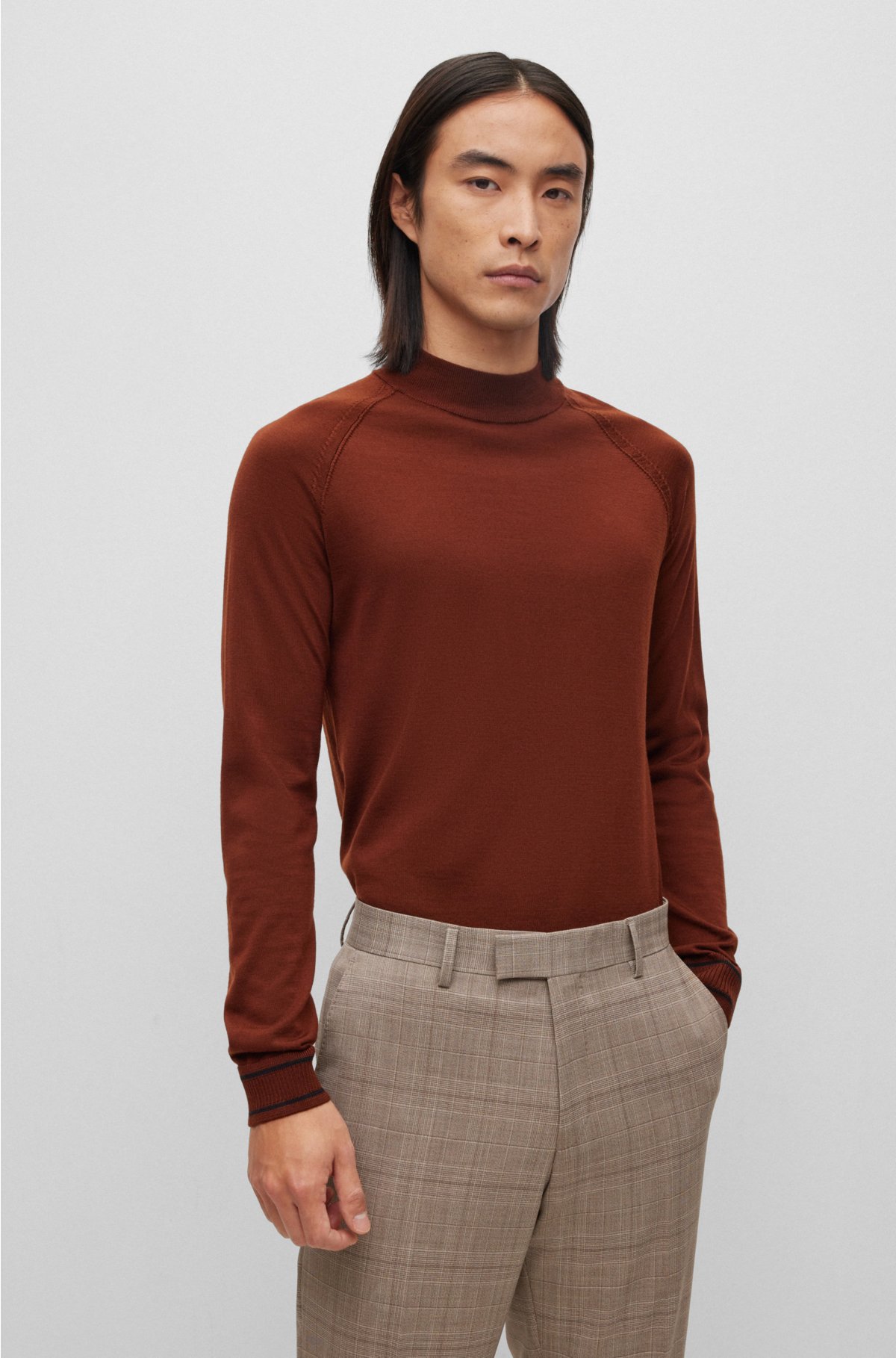 Fine-knit wool-blend sweater with striped hem, Brown