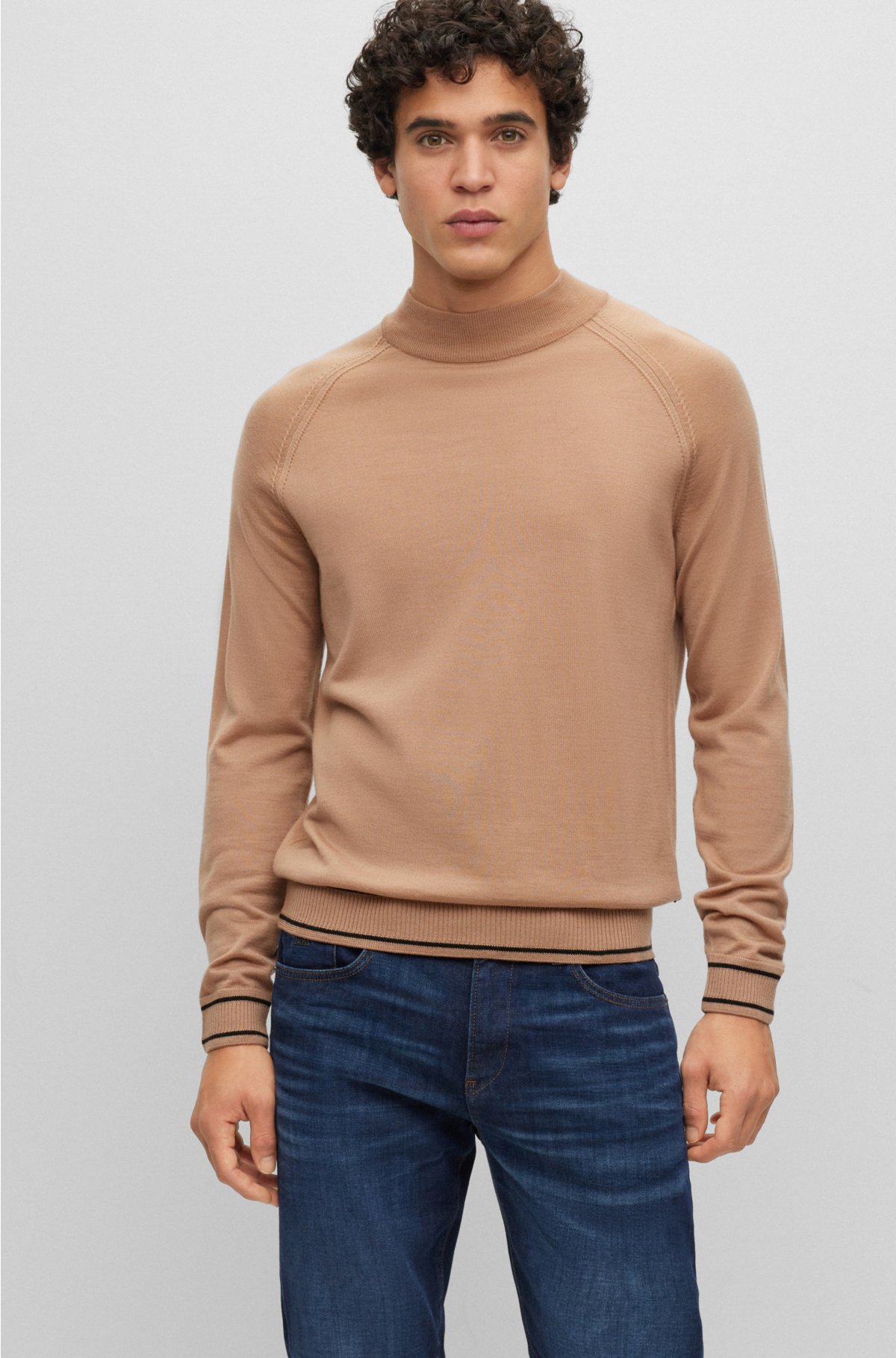 Fine-knit wool-blend sweater with striped hem, Beige