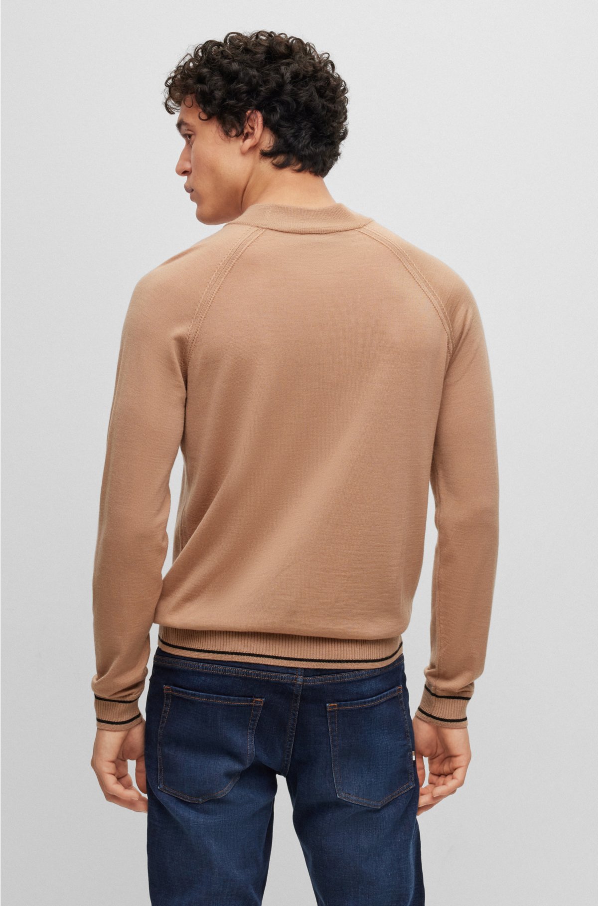 Fine-knit wool-blend sweater with striped hem, Beige