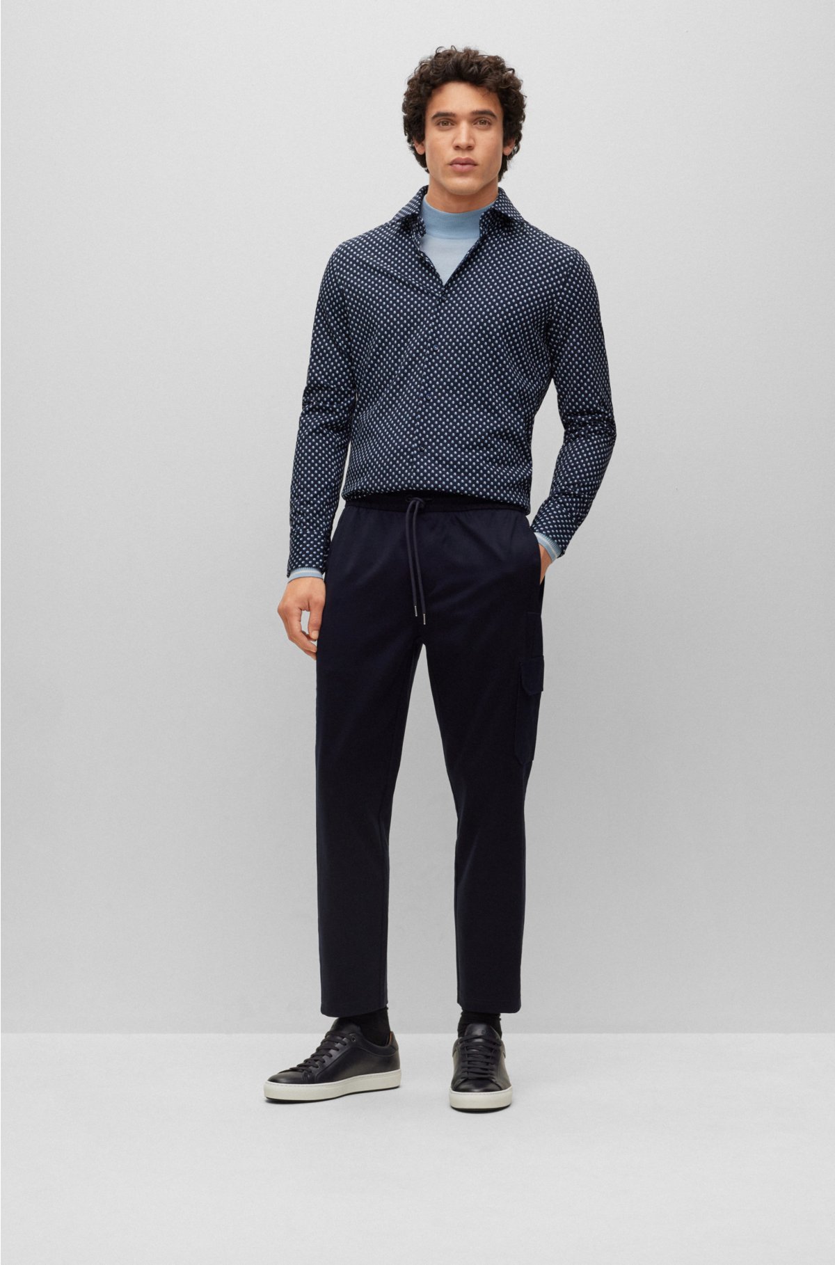 Fine-knit wool-blend sweater with striped hem, Light Blue