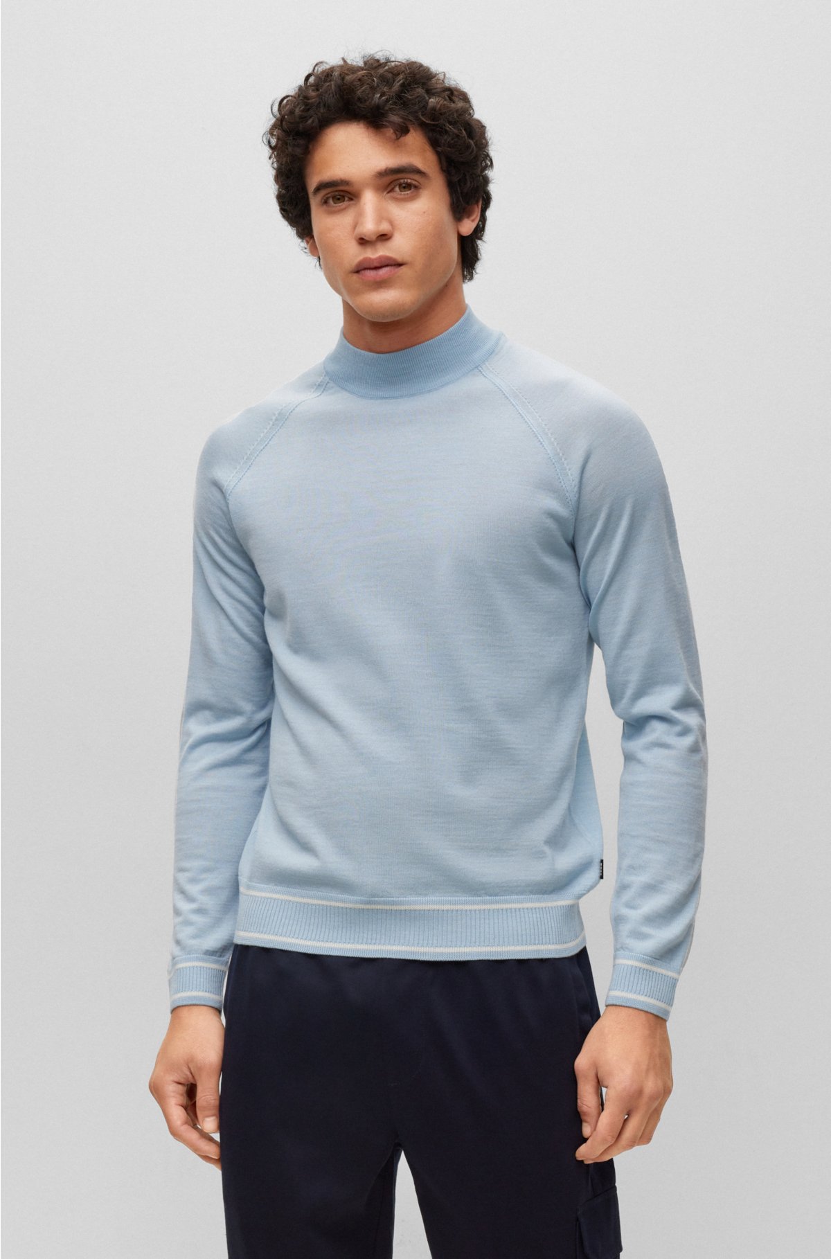 Fine-knit wool-blend sweater with striped hem, Light Blue