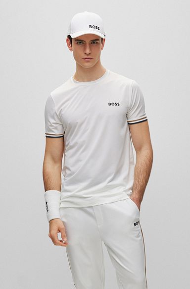 T-shirt à col rond BOSS x Matteo Berrettini avec logo et rayures emblématiques, Blanc