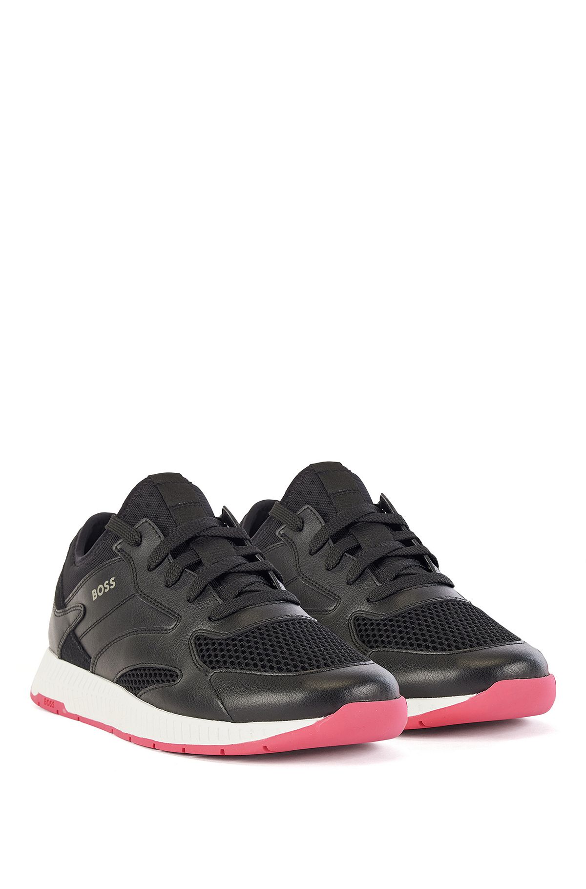 Mixed-material trainers with bonded-leather trims, Black