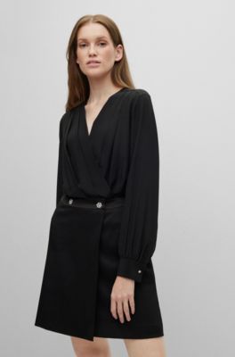 Hugo Boss Long-sleeved Bodysuit In Washed Silk With Wrap Front In Black