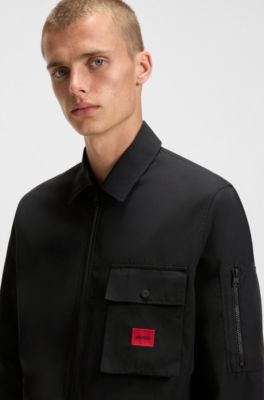 Surchemise zipp&eacute;e en toile de coton m&eacute;lang&eacute; avec &eacute;tiquette logo, Noir
