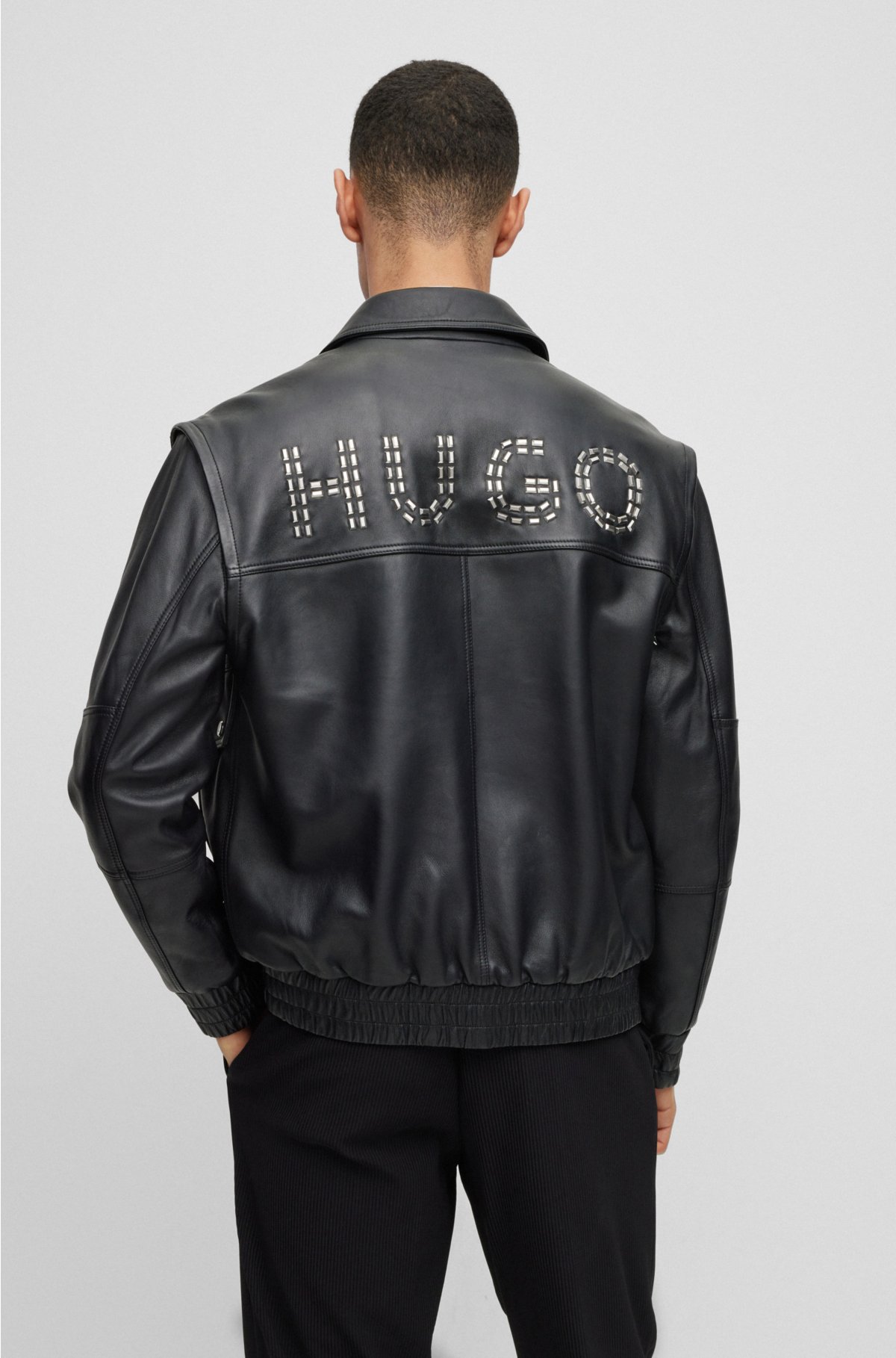 HUGO - Logo-studded leather jacket with detachable sleeves