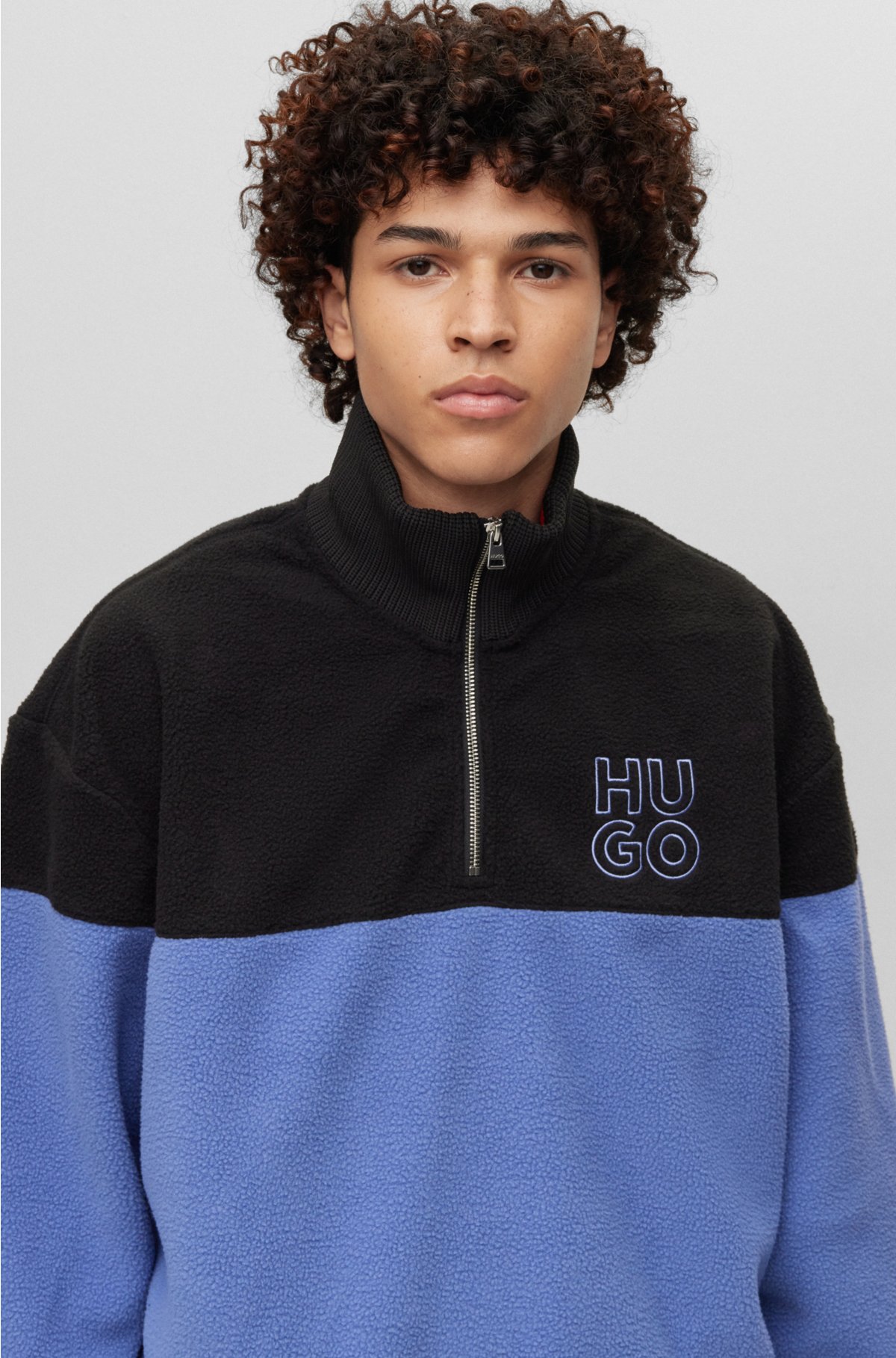 HUGO - Zip-neck sherpa fleece sweatshirt with stacked logo embroidery