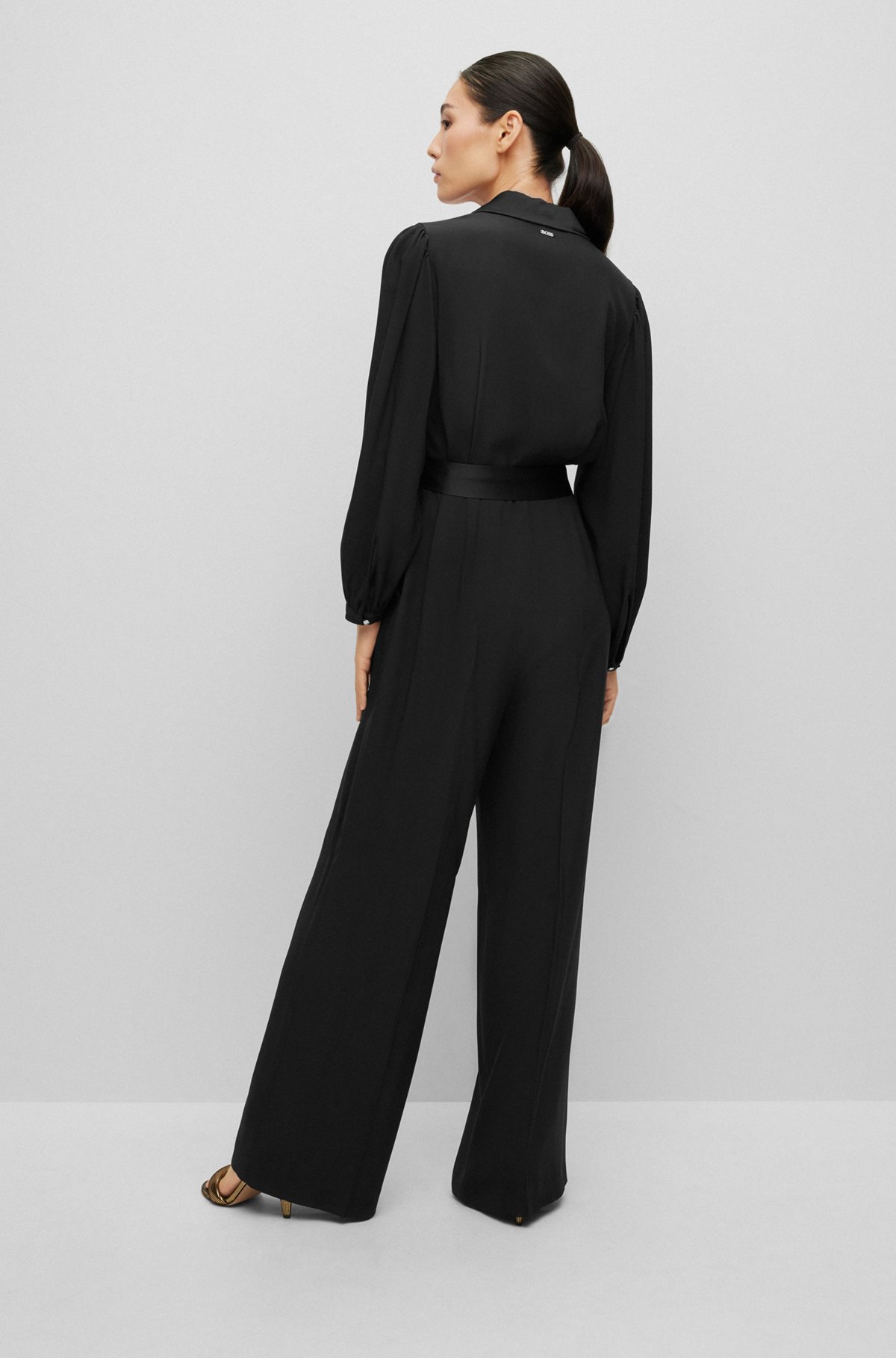 Crepe jumpsuit with tonal silken trims, Black