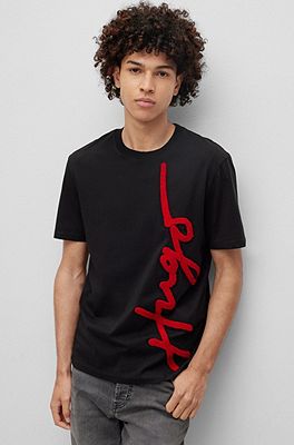 HUGO - Cotton T-shirt with oversize logo embroidery