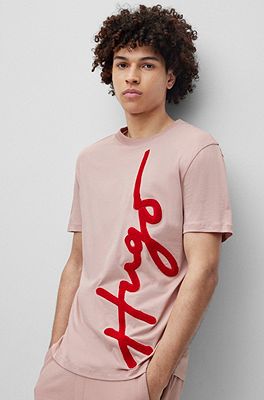 HUGO - Cotton T-shirt with oversize logo embroidery