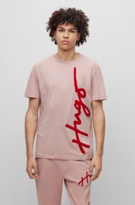 Hugo Cotton T-shirt With Oversize Logo Embroidery In Light Pink