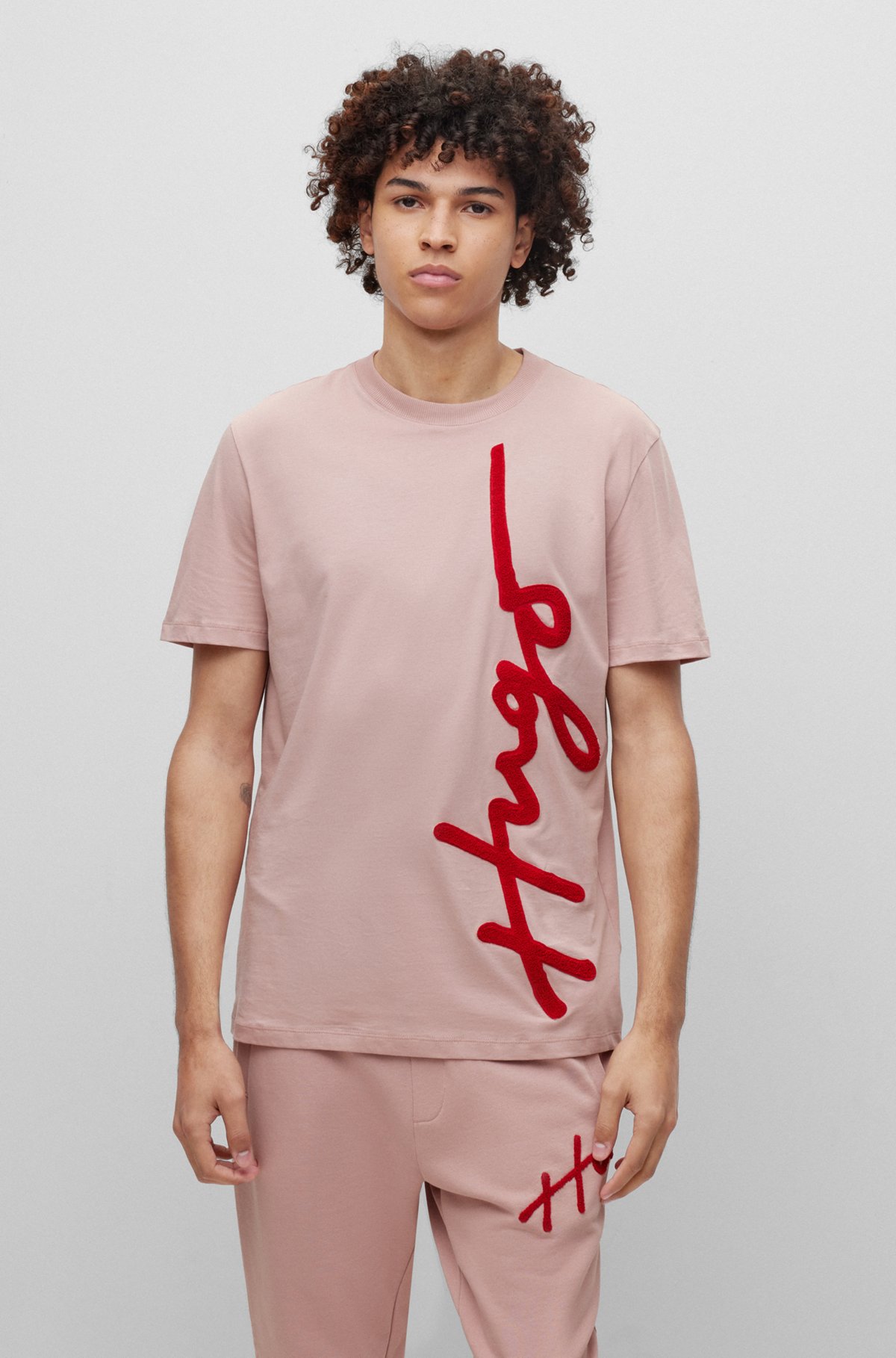 HUGO - Cotton T-shirt with oversize logo embroidery