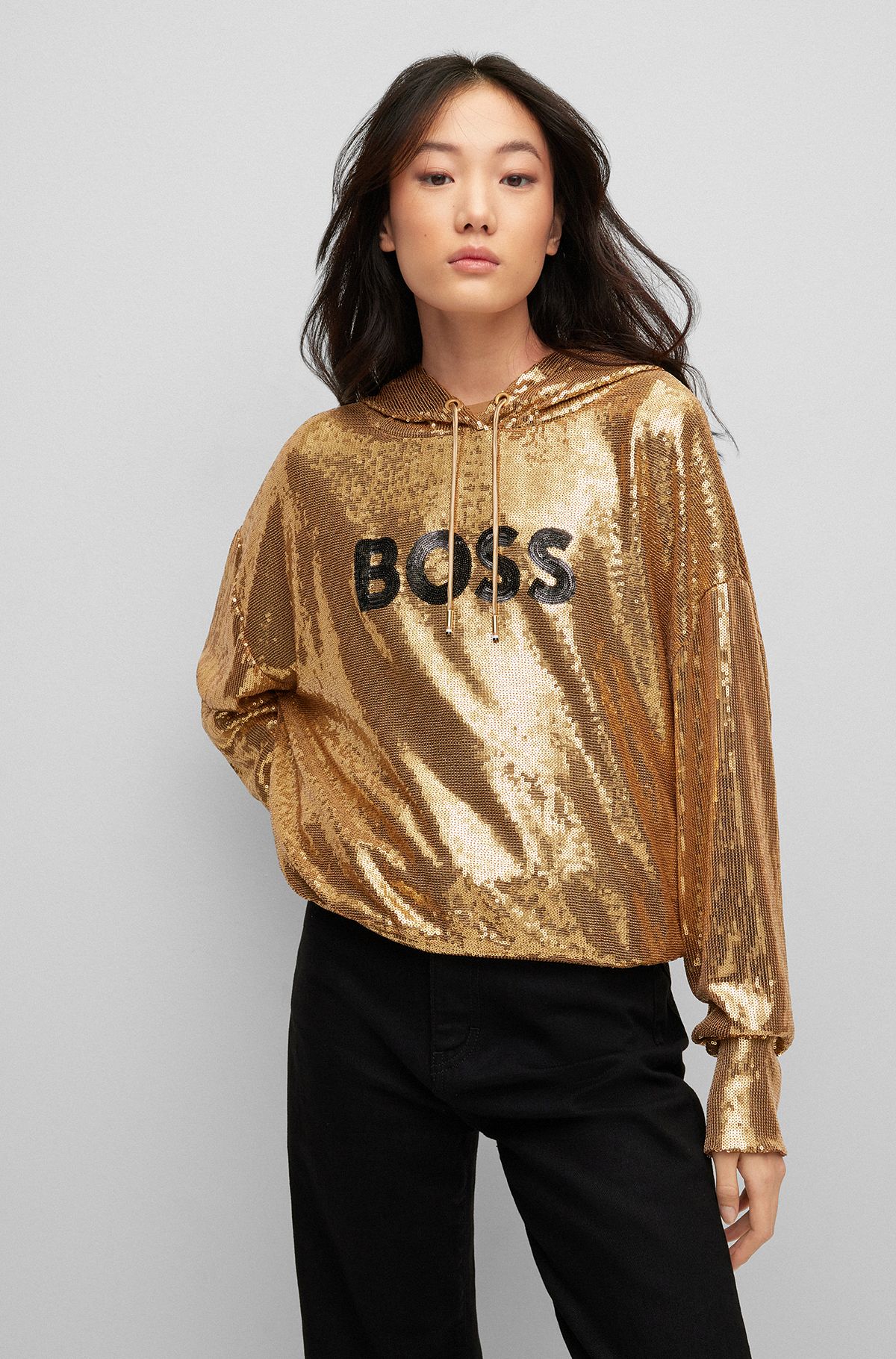 Relaxed-fit hoodie in stretch material with sequinned logo, Gold
