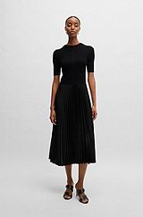 Short-sleeved dress with knitted top and plissé skirt, Black