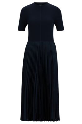 Hugo Boss Short-sleeved Dress With Knitted Top And Pliss Skirt In Dark Blue