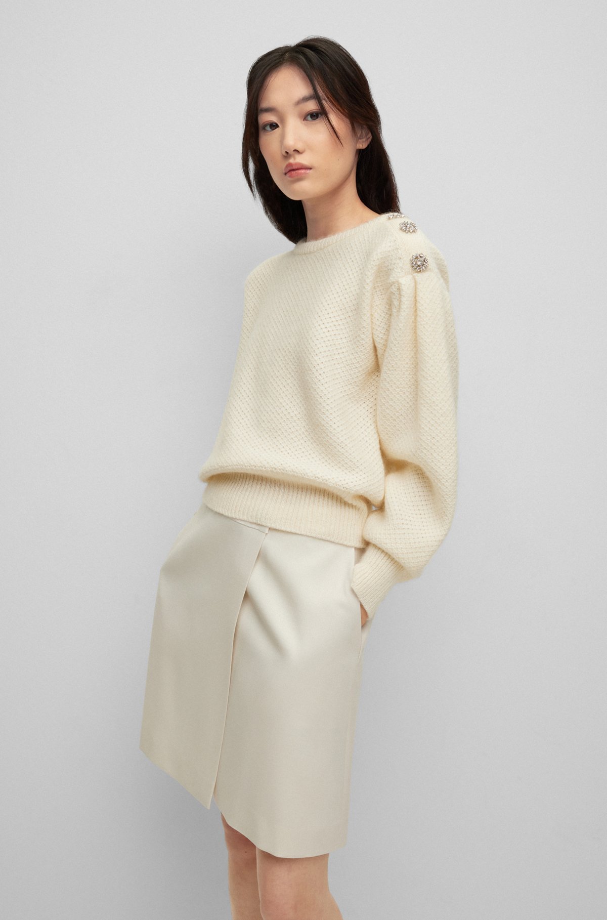 Wool-blend sweater with jeweled-button trim, White