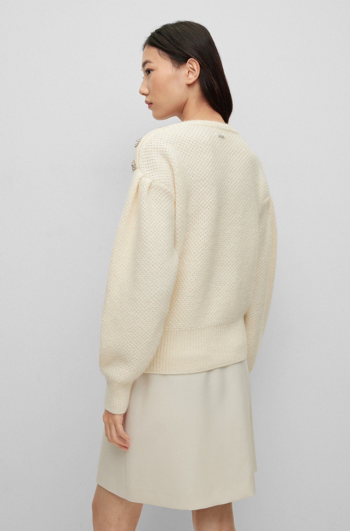 Wool-blend sweater with jeweled-button trim, White