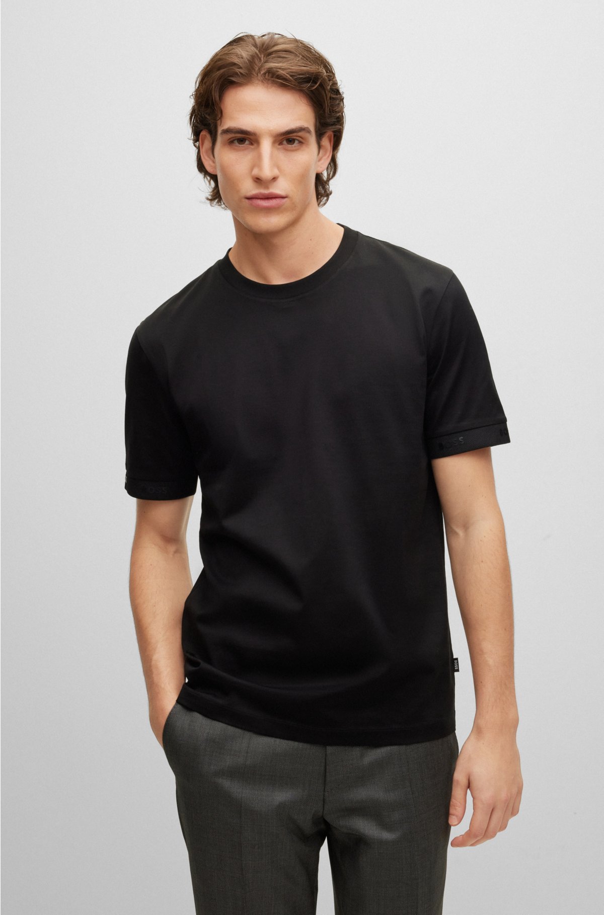 BOSS - Mercerised-cotton regular-fit T-shirt with logo cuffs