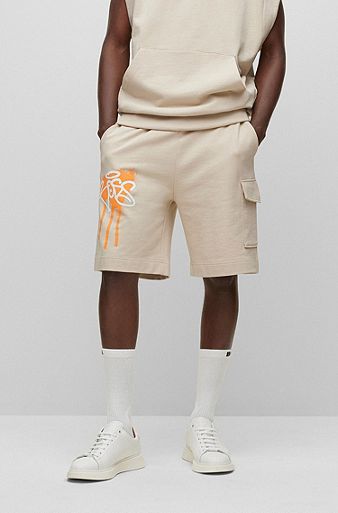 Cotton-terry shorts with graffiti-logo artwork, Light Beige