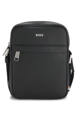 Bolso de reportero de piel reciclada con cinta ajustable con logo, Negro