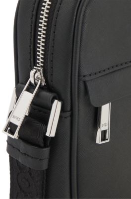 Bolso de reportero de piel reciclada con cinta ajustable con logo, Negro