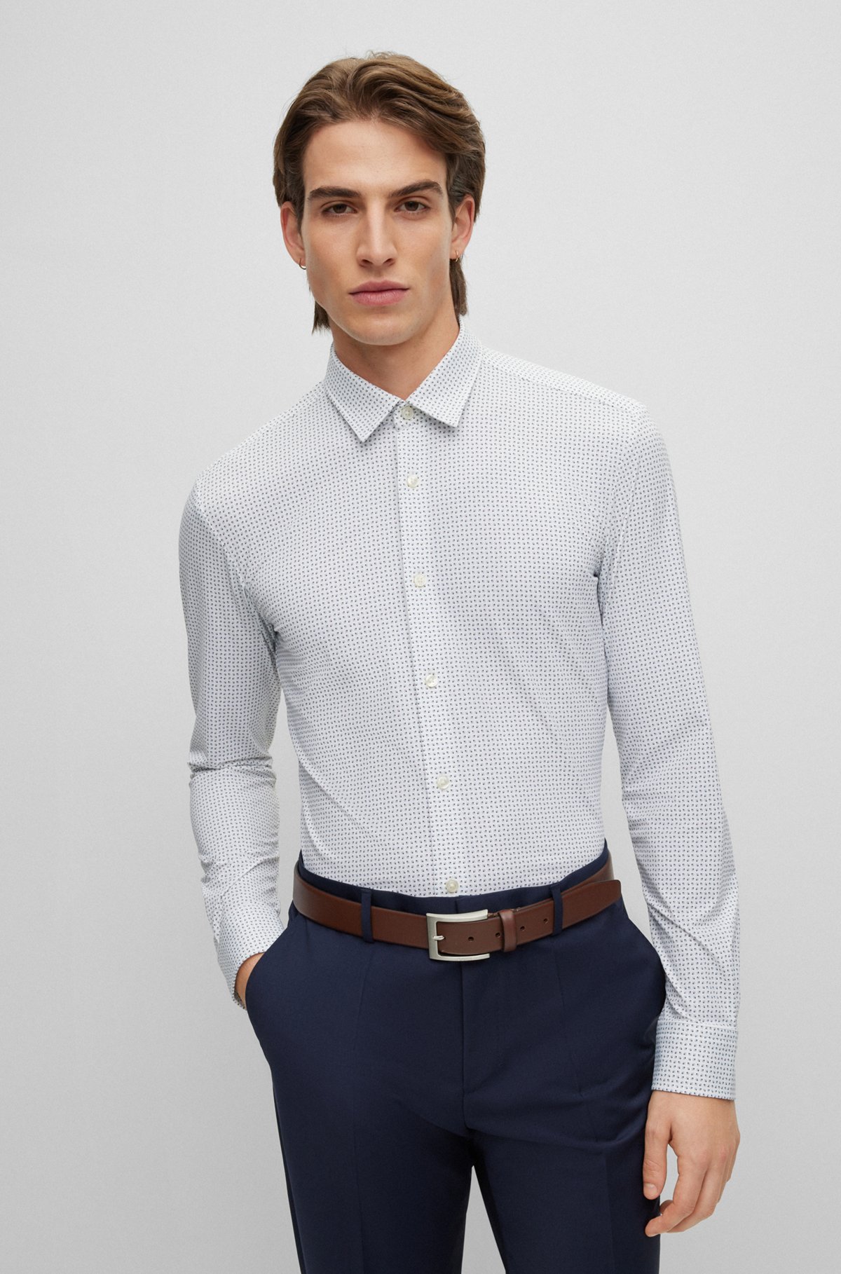 Slim-fit shirt in printed performance-stretch jersey, Light Blue