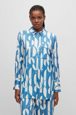 Shop BOSS Long-Sleeved Monogram-Print Dress With Tie Neckline