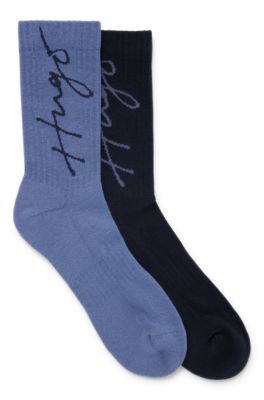 Shop Hugo Two-pack Of Quarter-length Socks With Handwritten Logos In Light Blue