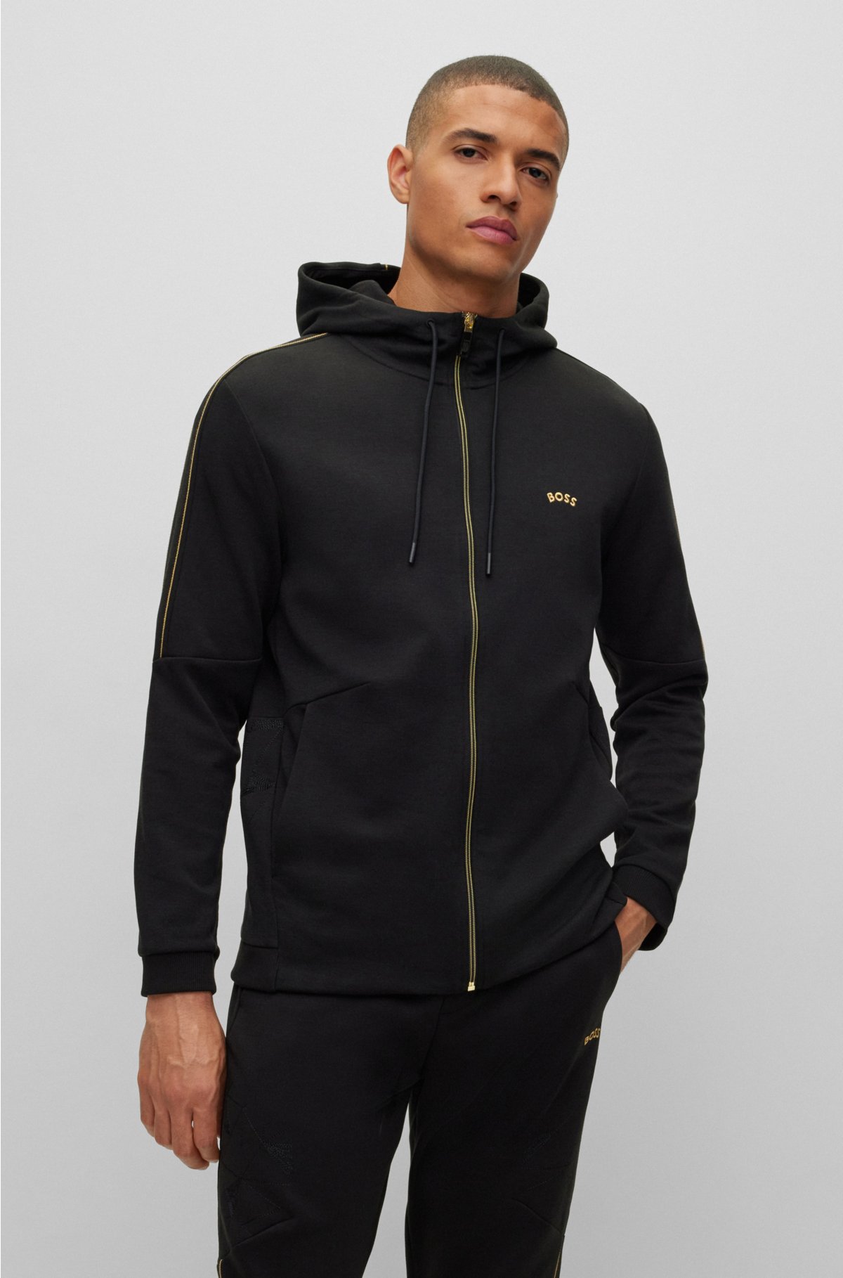 Stretch-jersey zip-up hoodie with grid embroidery