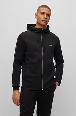 Stretch jersey zip up hoodie with grid embroidery