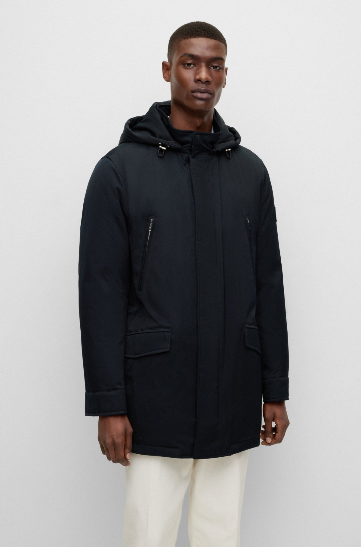 BOSS - Hooded coat in stretch-cotton twill