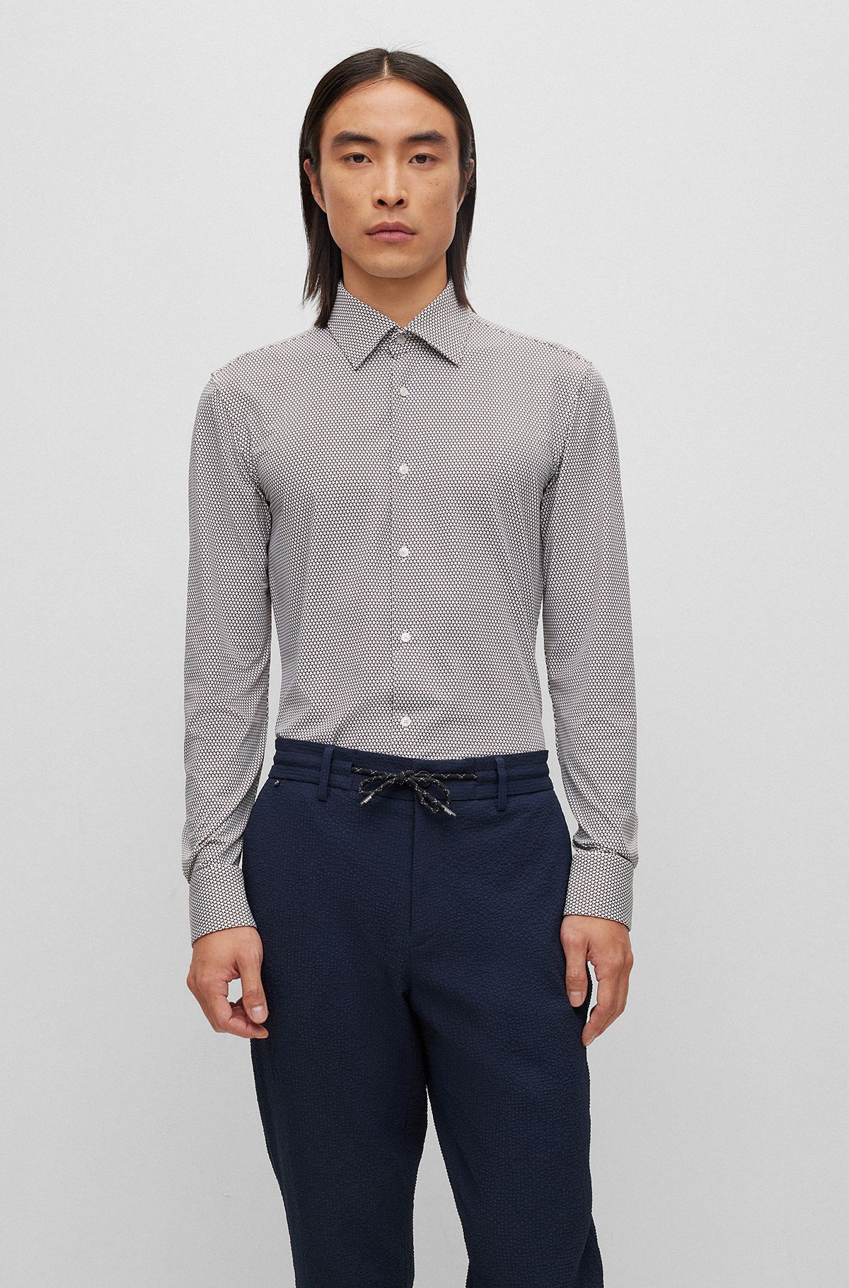 BOSS - Slim-fit shirt in structured and printed stretch cotton