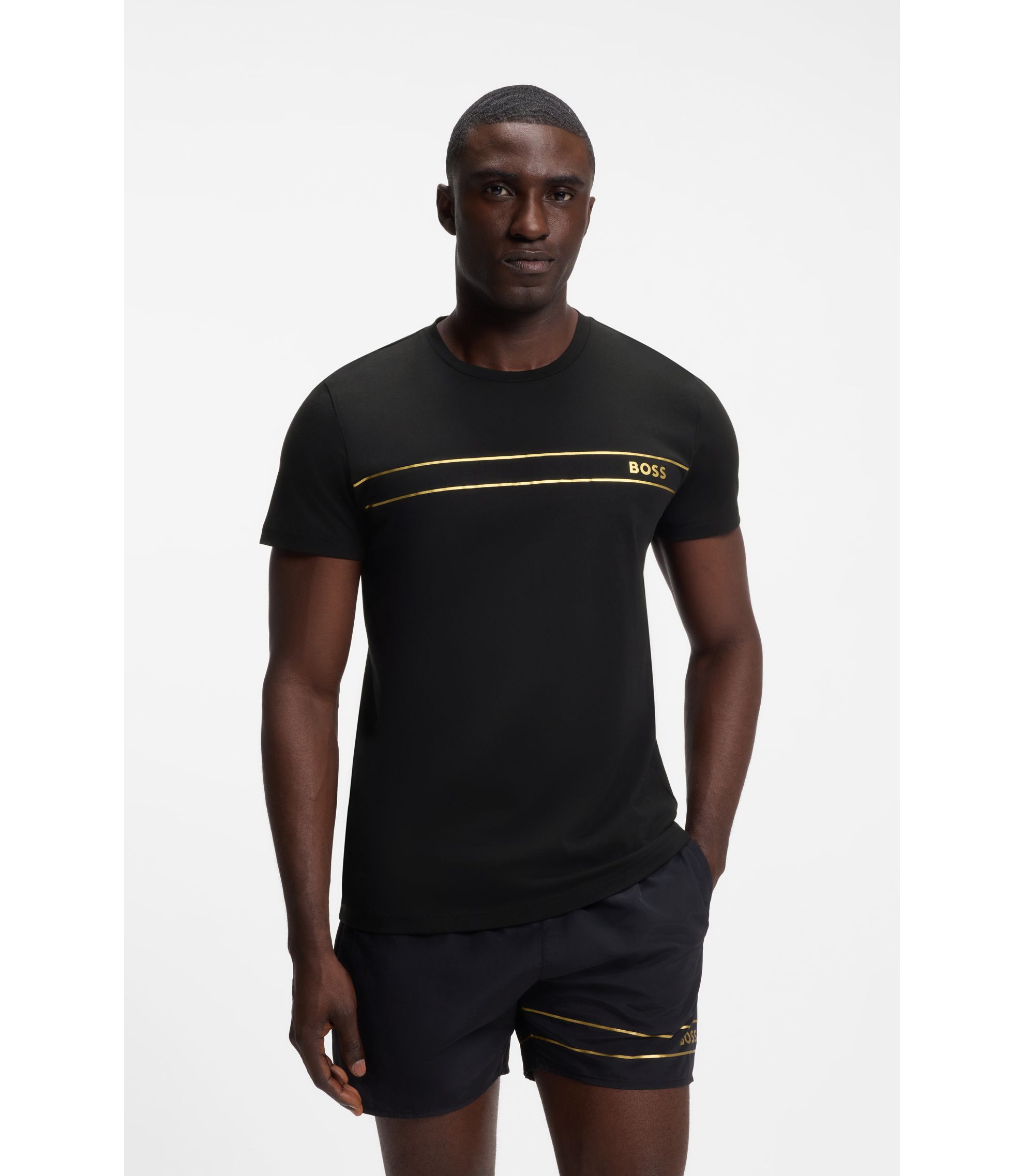 hugo bossハーフオープニング セーター ロゴパッチ BOSS - Logo beach T-shirt in cotton with UV protection - Black