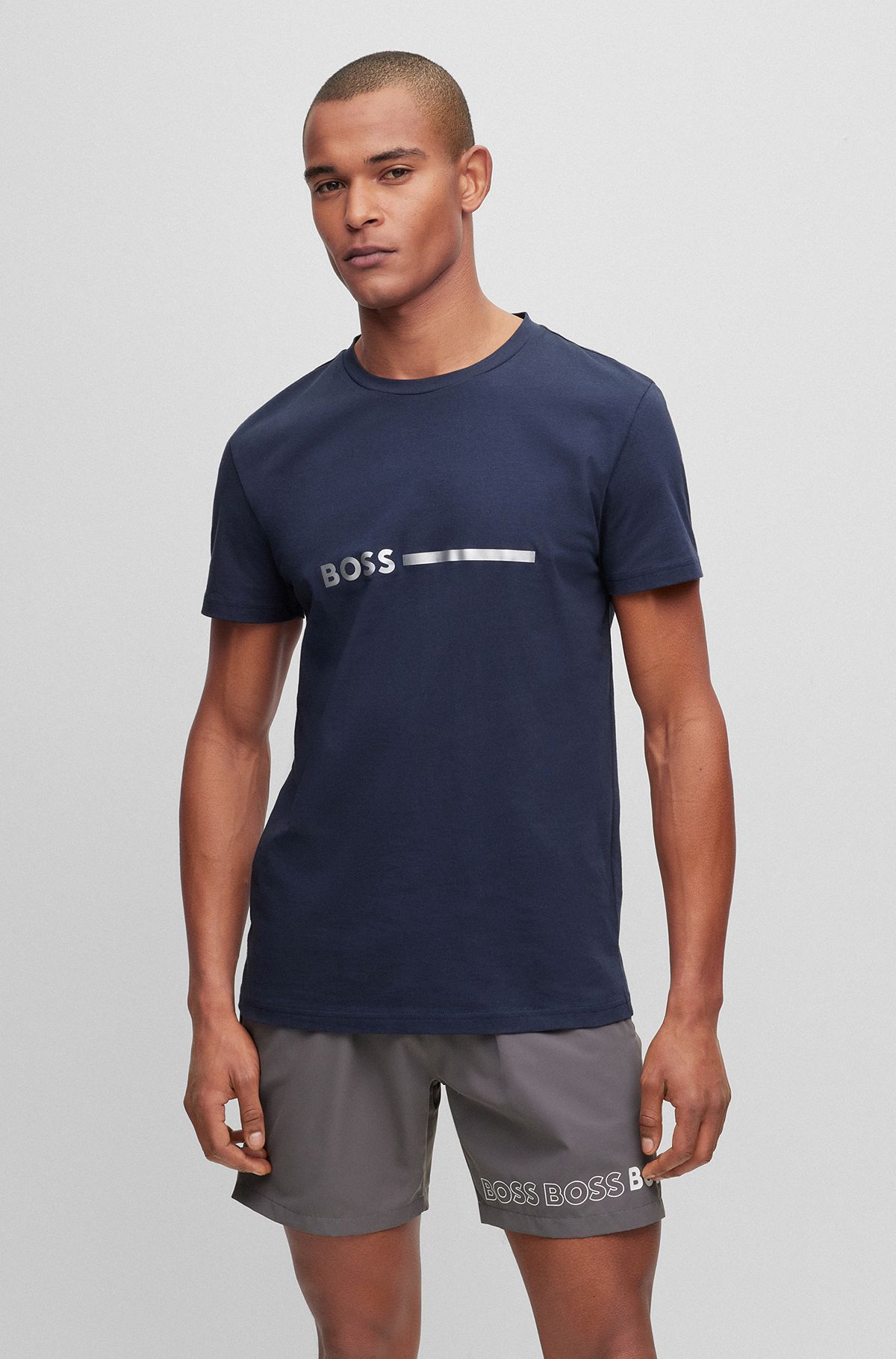 T-shirt Regular Fit en coton avec protection anti-UV, Bleu foncé