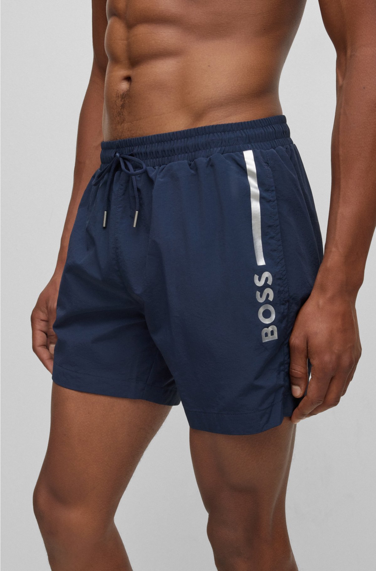 Quick-drying swim shorts with metallic logo, Dark Blue
