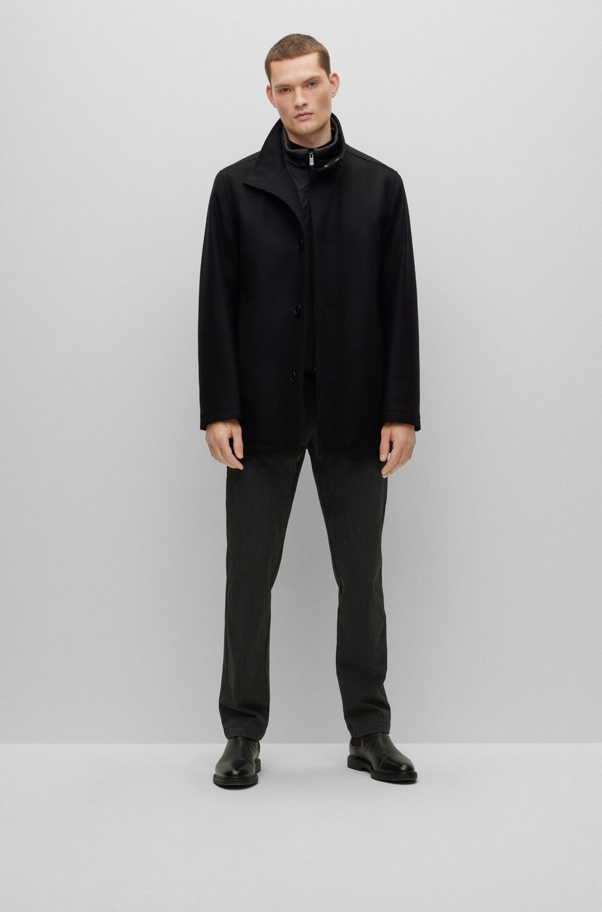 Regular-fit coat in a melange wool blend, Black