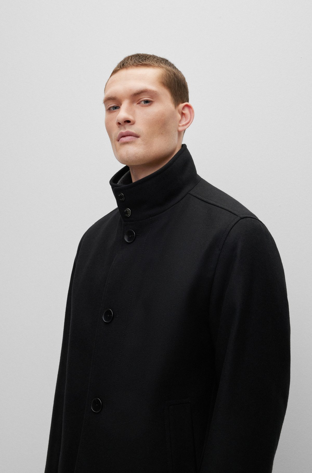 Regular-fit coat in a melange wool blend, Black