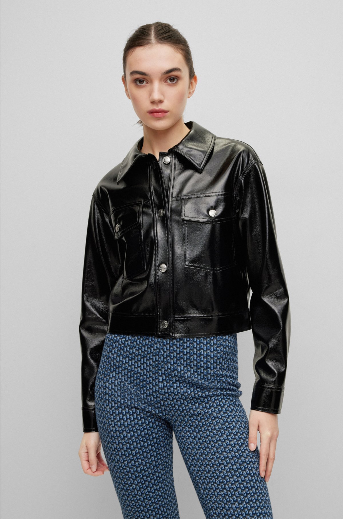 Relaxed-fit cropped jacket in lacquered faux leather