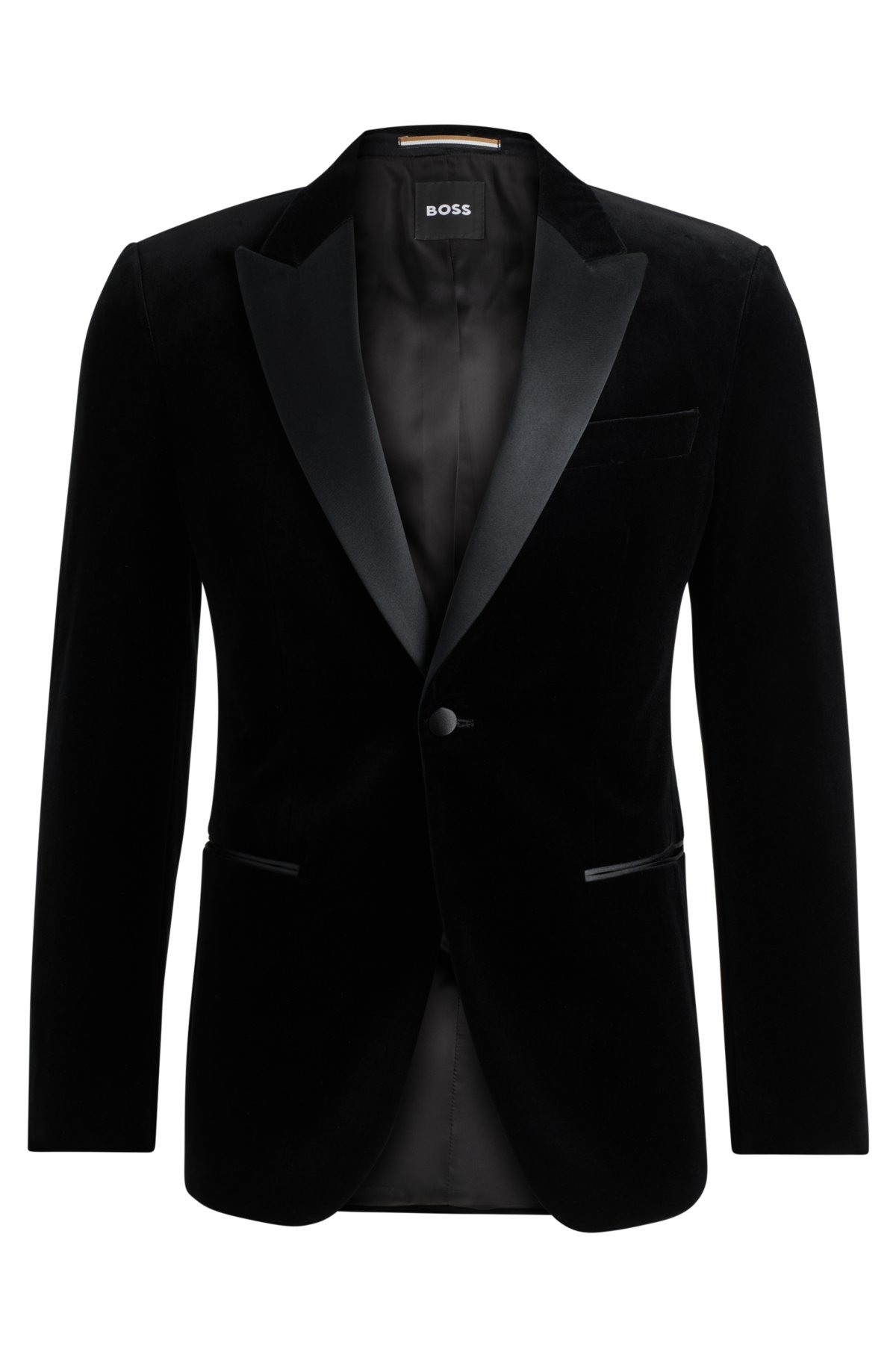 Slim-fit tuxedo jacket in pure-cotton velvet, Black