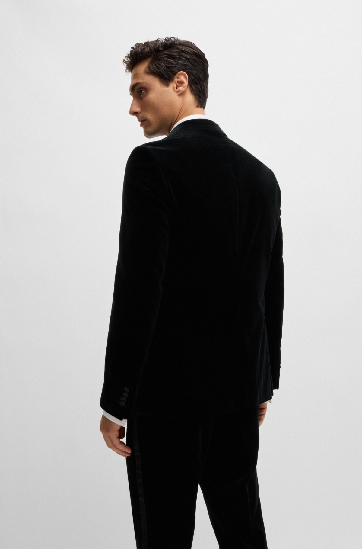Slim-fit tuxedo jacket in pure-cotton velvet, Black