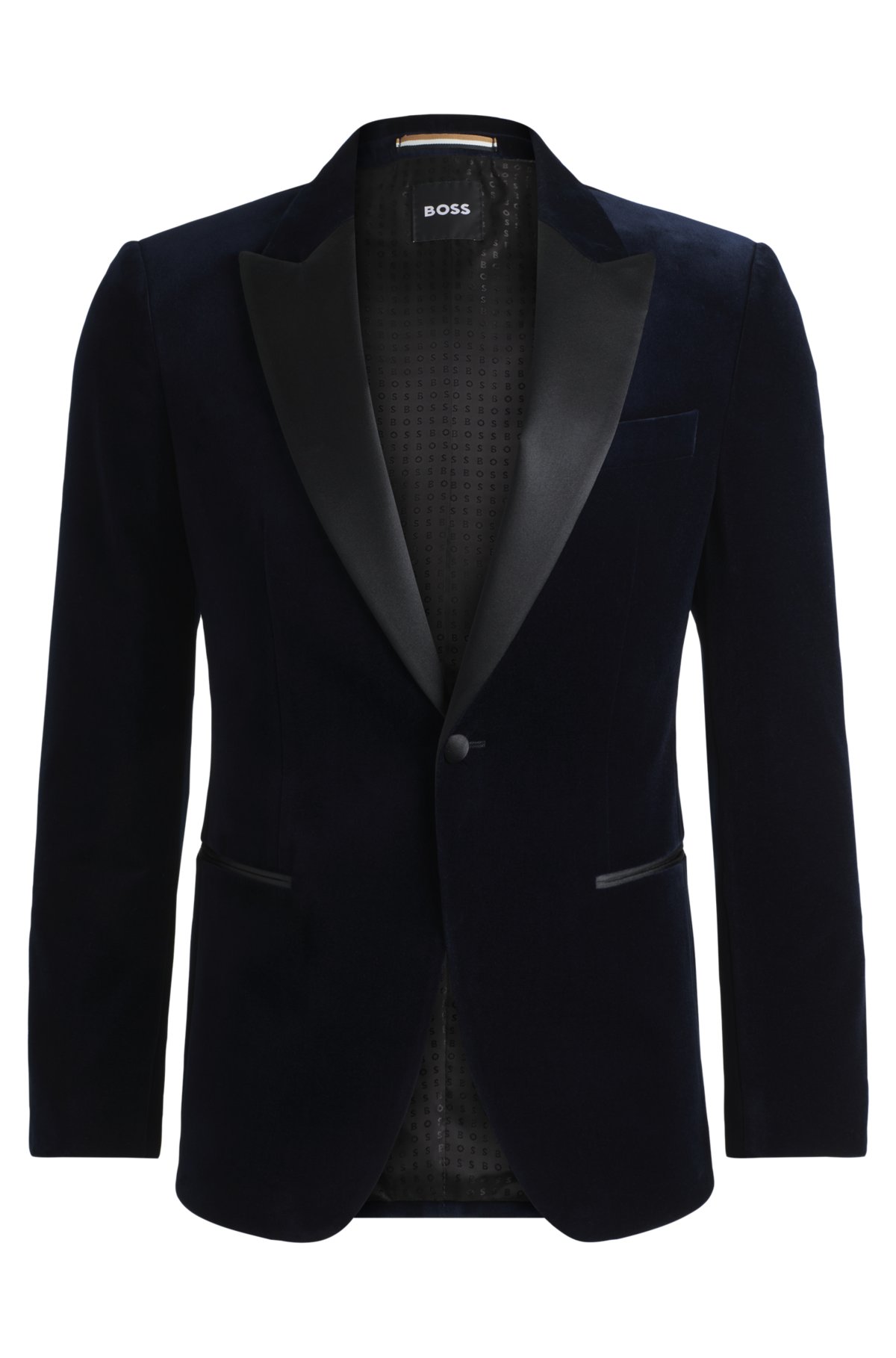 Slim-fit tuxedo jacket in pure-cotton velvet, Dark Blue