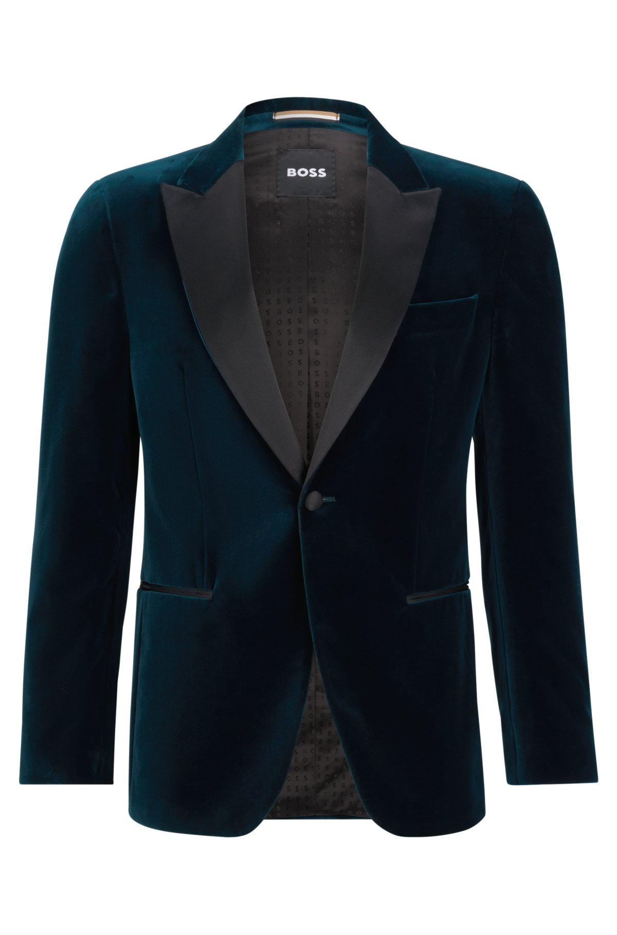 Slim-fit tuxedo jacket in pure-cotton velvet, Turquoise