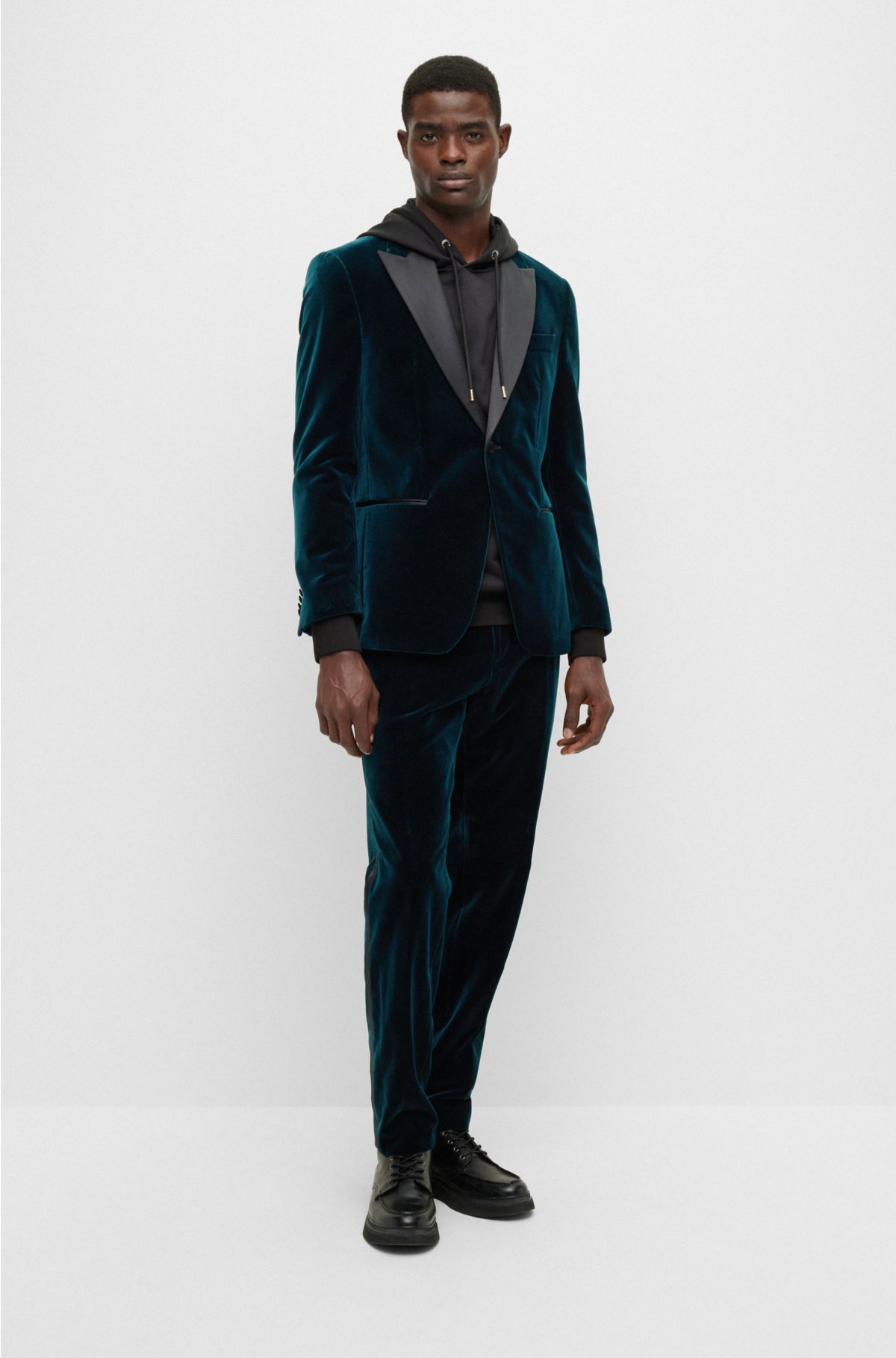 Slim-fit tuxedo jacket in pure-cotton velvet, Turquoise