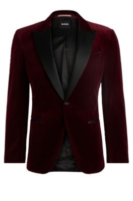 Hugo Boss Slim-fit Tuxedo Jacket In Pure-cotton Velvet In Dark Red