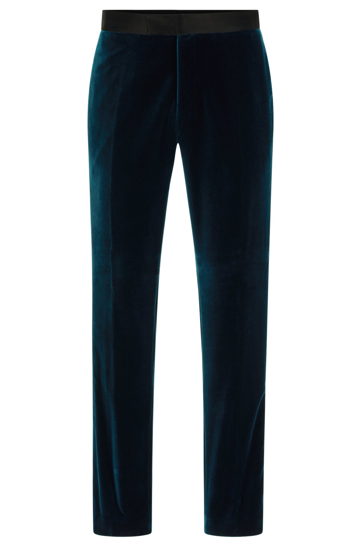 Slim-fit tuxedo trousers in pure-cotton velvet, Turquoise