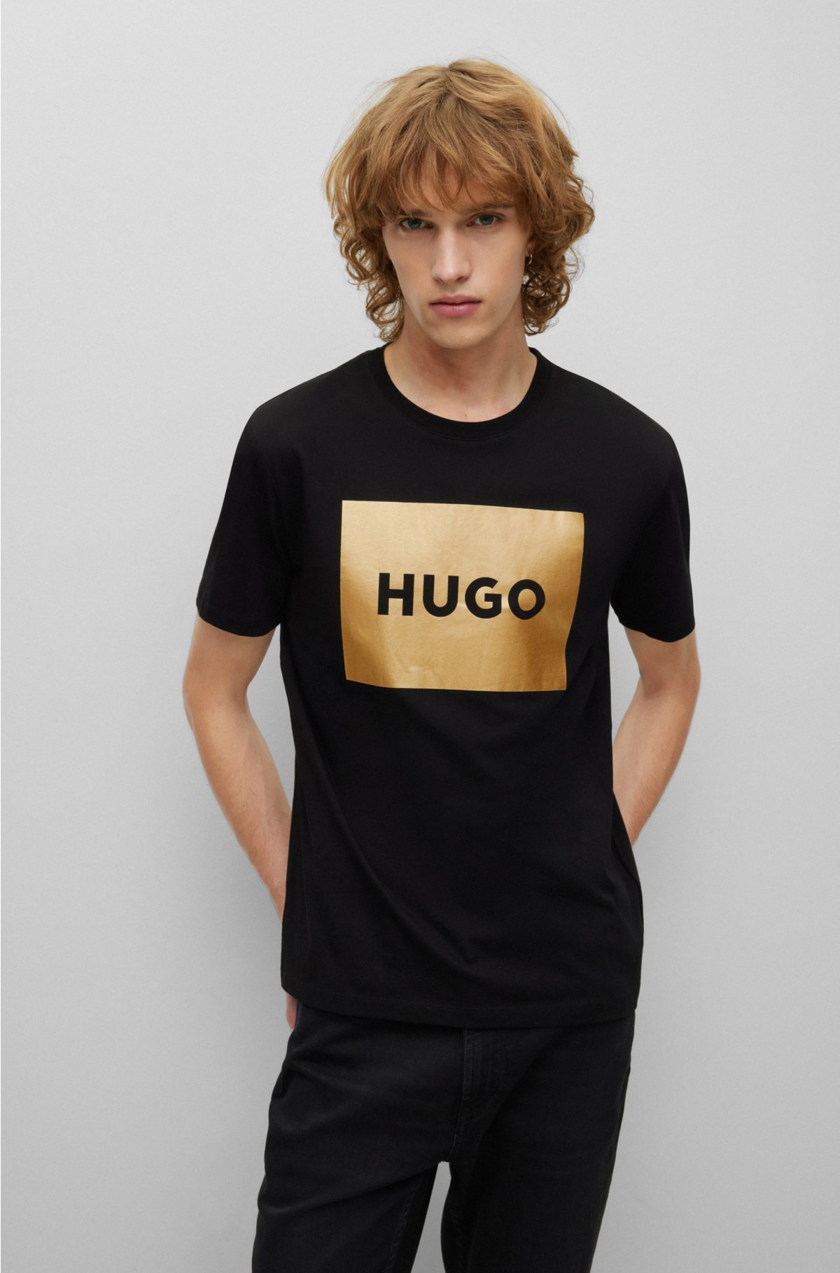 HUGO Cotton-jersey regular-fit T-shirt with metallic logo