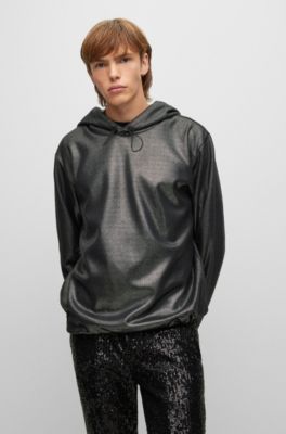 Hugo Foil-printed Hoodie In Stretch Fabric In Black