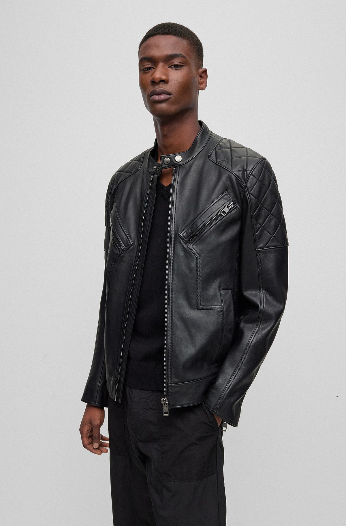 Slim-fit biker jacket in waxed leather, Black